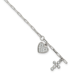 Sterling Silver Polished White CZ Heart and Cross Charms 7 inch with 1 inch Extension Bracelet