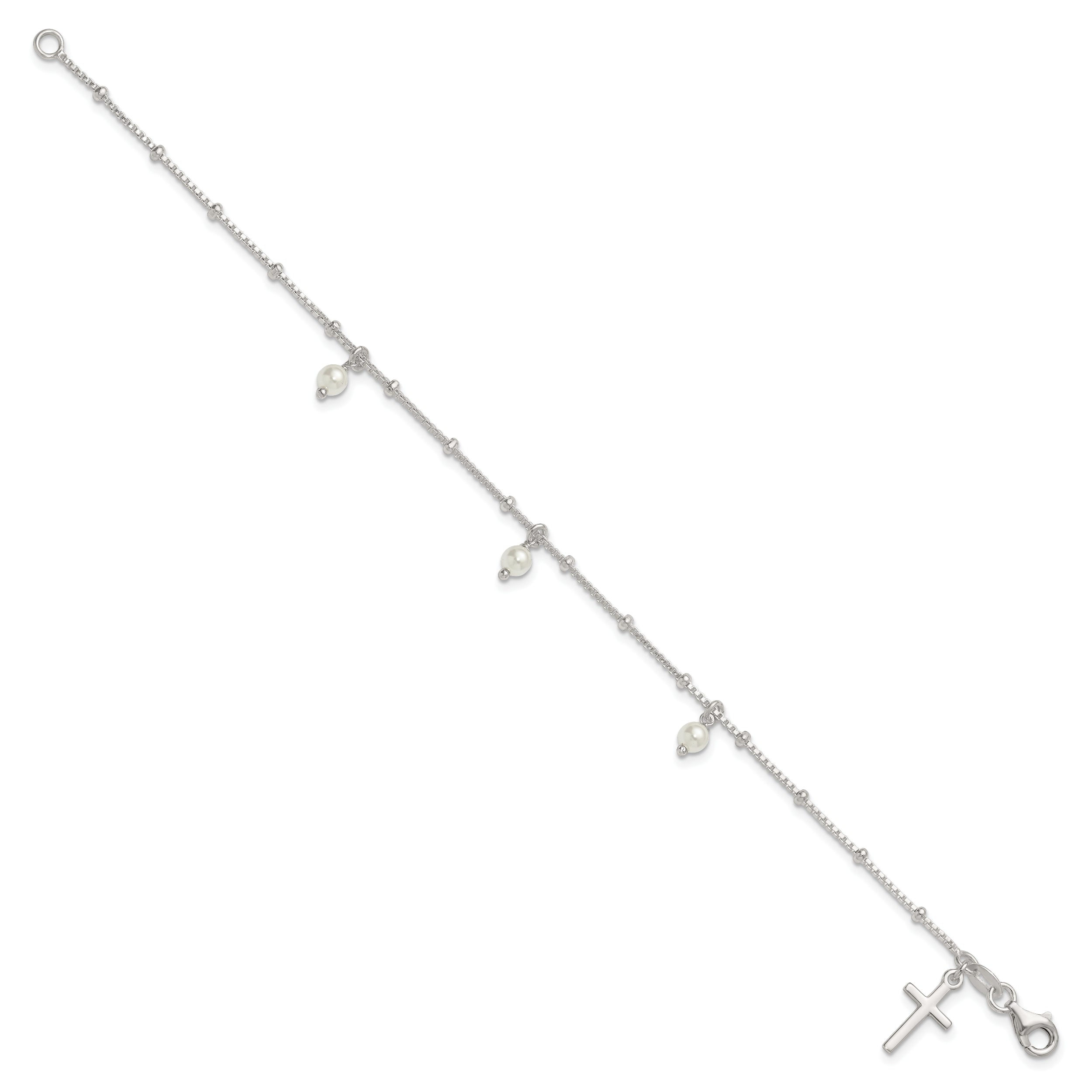 Sterling Silver Polished and Beaded with Glass Pearls and Cross Charm 7.5 inch Bracelet
