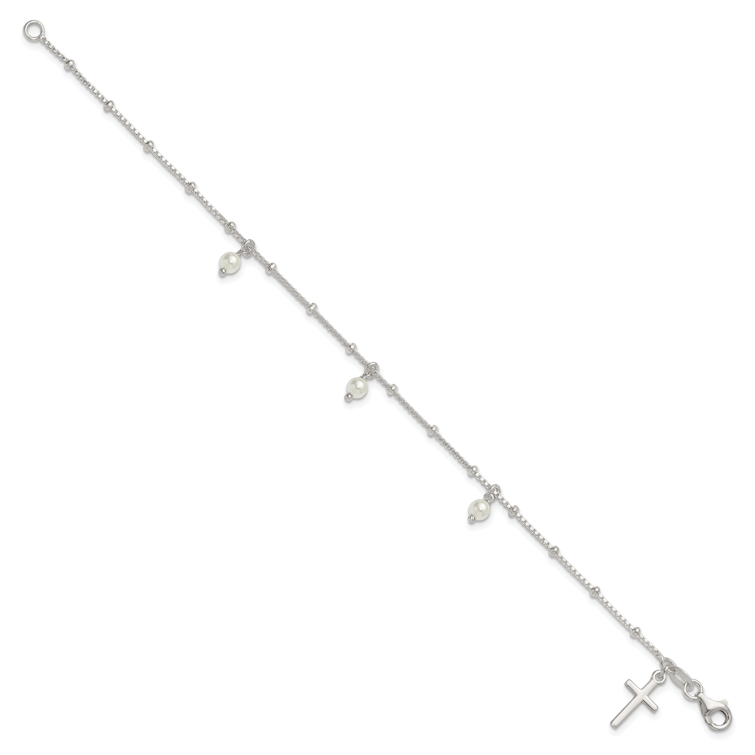 Sterling Silver Polished and Beaded with Glass Pearls and Cross Charm 7.5 inch Bracelet Secondary image