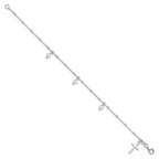 Sterling Silver Polished and Beaded with Glass Pearls and Cross Charm 7.5 inch Bracelet