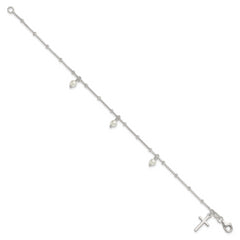 Sterling Silver Polished and Beaded with Glass Pearls and Cross Charm 7.5 inch Bracelet