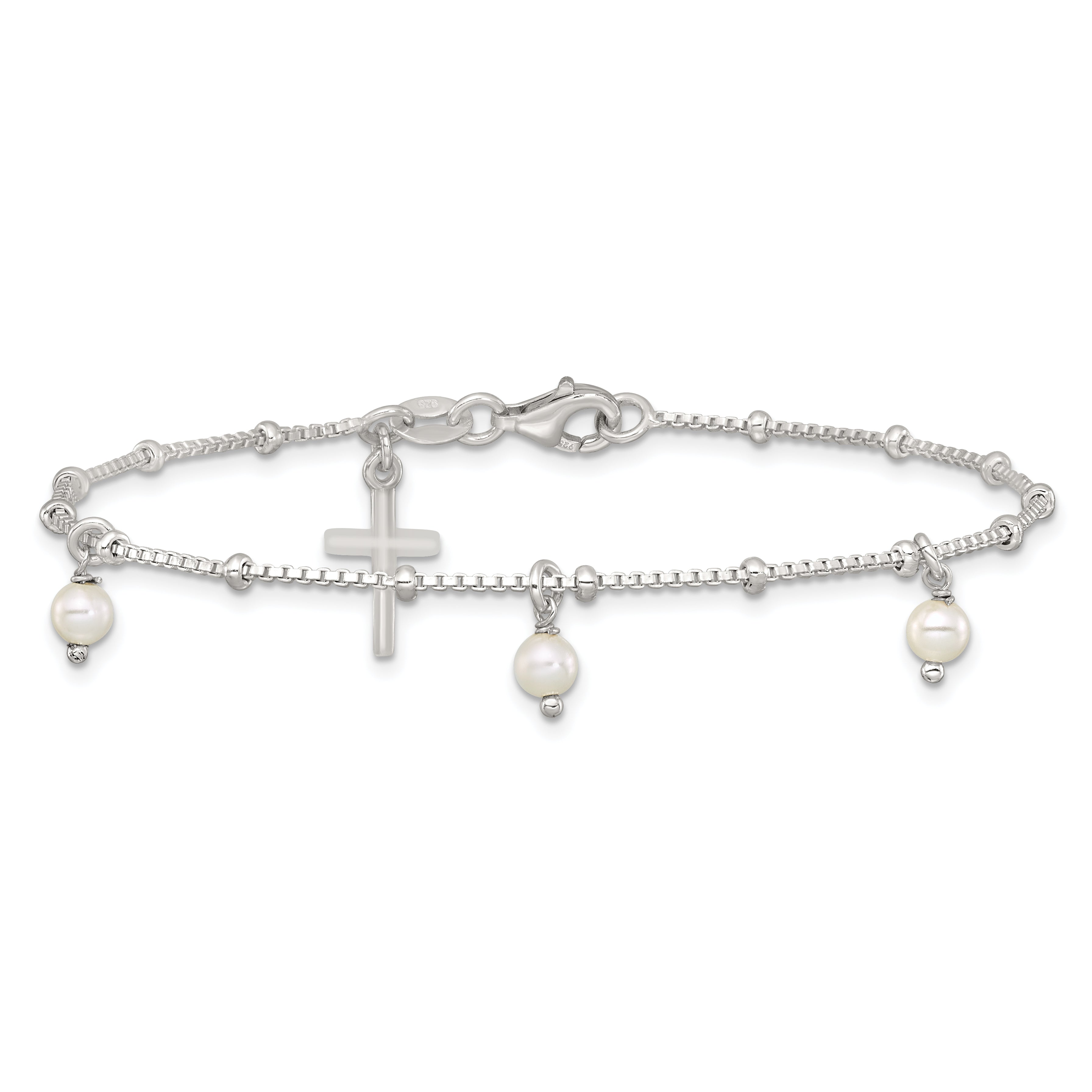 Sterling Silver Polished and Beaded with Glass Pearls and Cross Charm 7.5 inch Bracelet