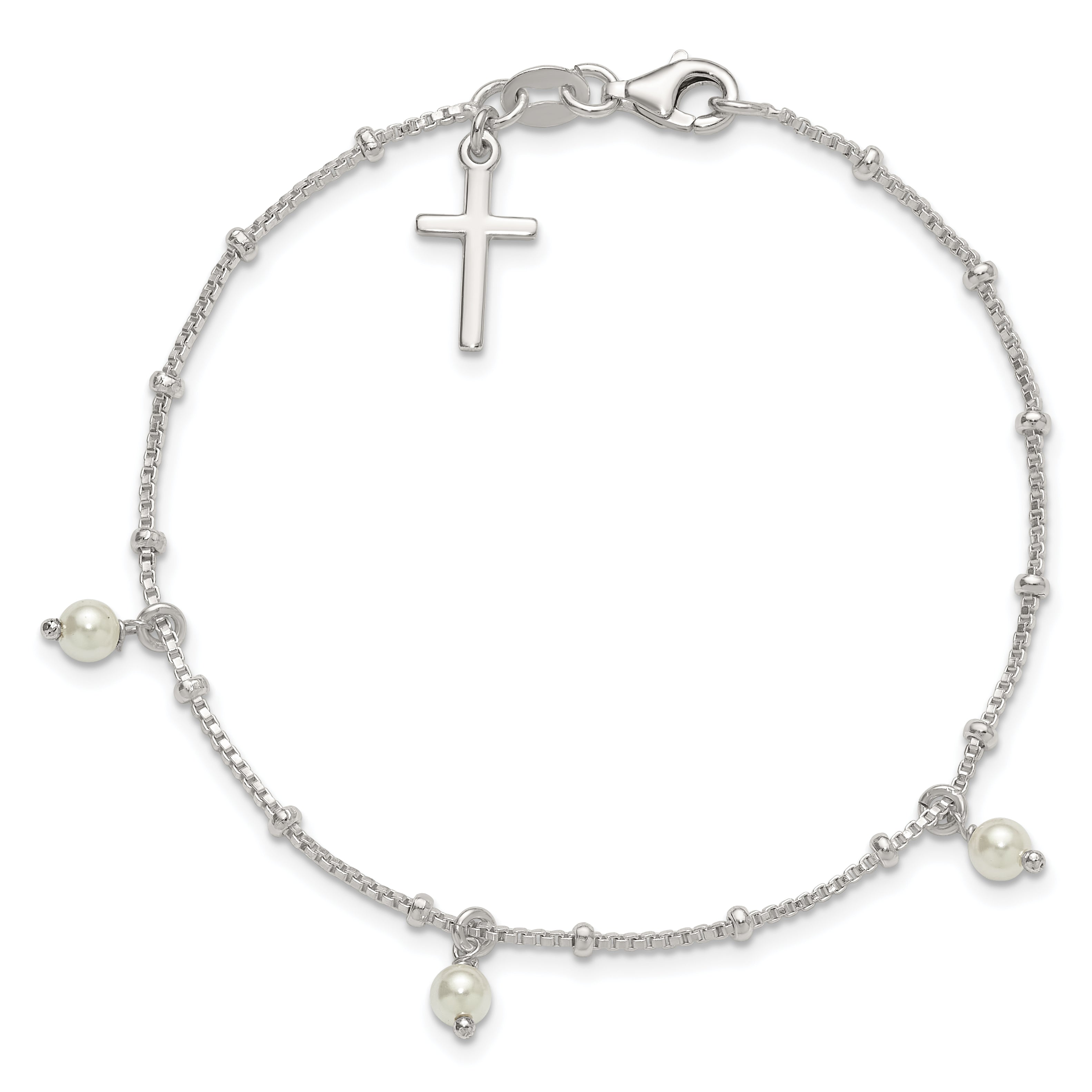 Sterling Silver Polished and Beaded with Glass Pearls and Cross Charm 7.5 inch Bracelet