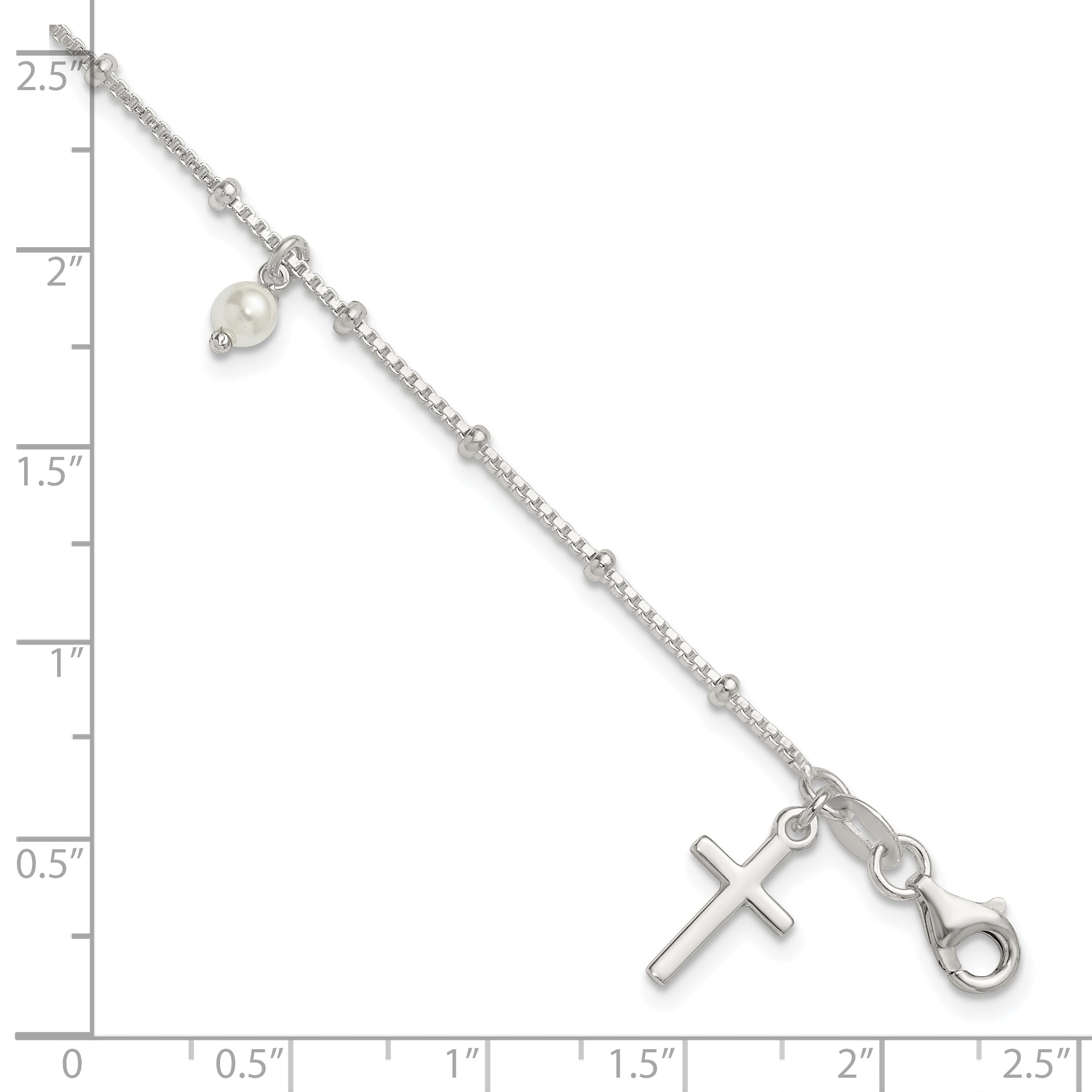 Sterling Silver Polished and Beaded with Glass Pearls and Cross Charm 7.5 inch Bracelet