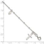 Sterling Silver Polished and Beaded with Glass Pearls and Cross Charm 7.5 inch Bracelet