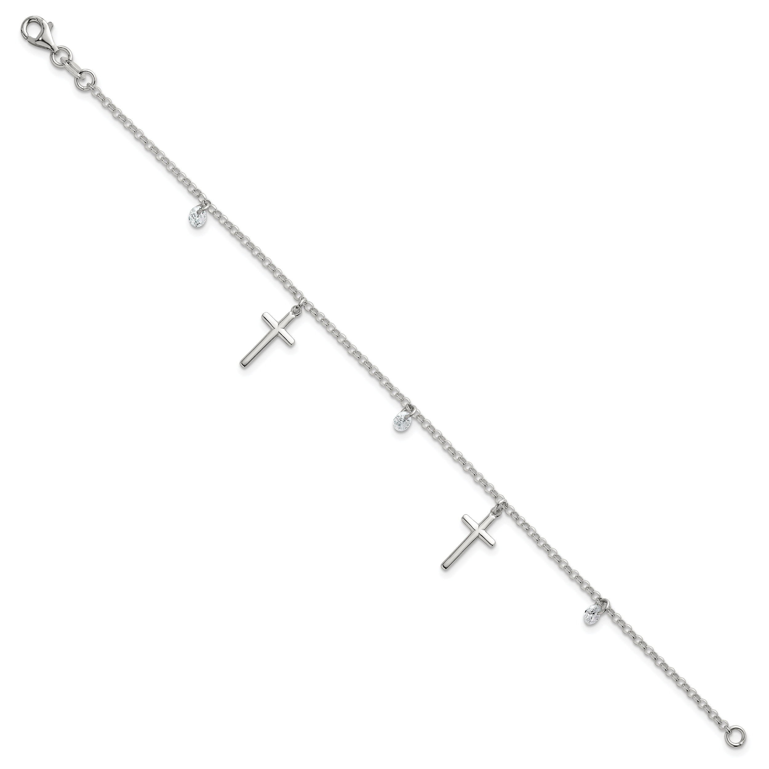 Sterling Silver Polished White CZ Dangles and Cross Charm 7.5 inch Bracelet Secondary image