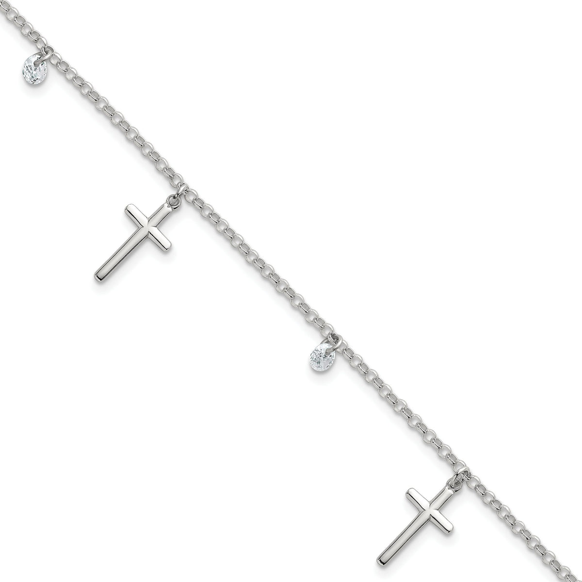 White Cubic Zirconia Cross Charm Bracelet in Sterling Silver, 1.95mm, 7.5 Inch - Sophia Jewelers Main image