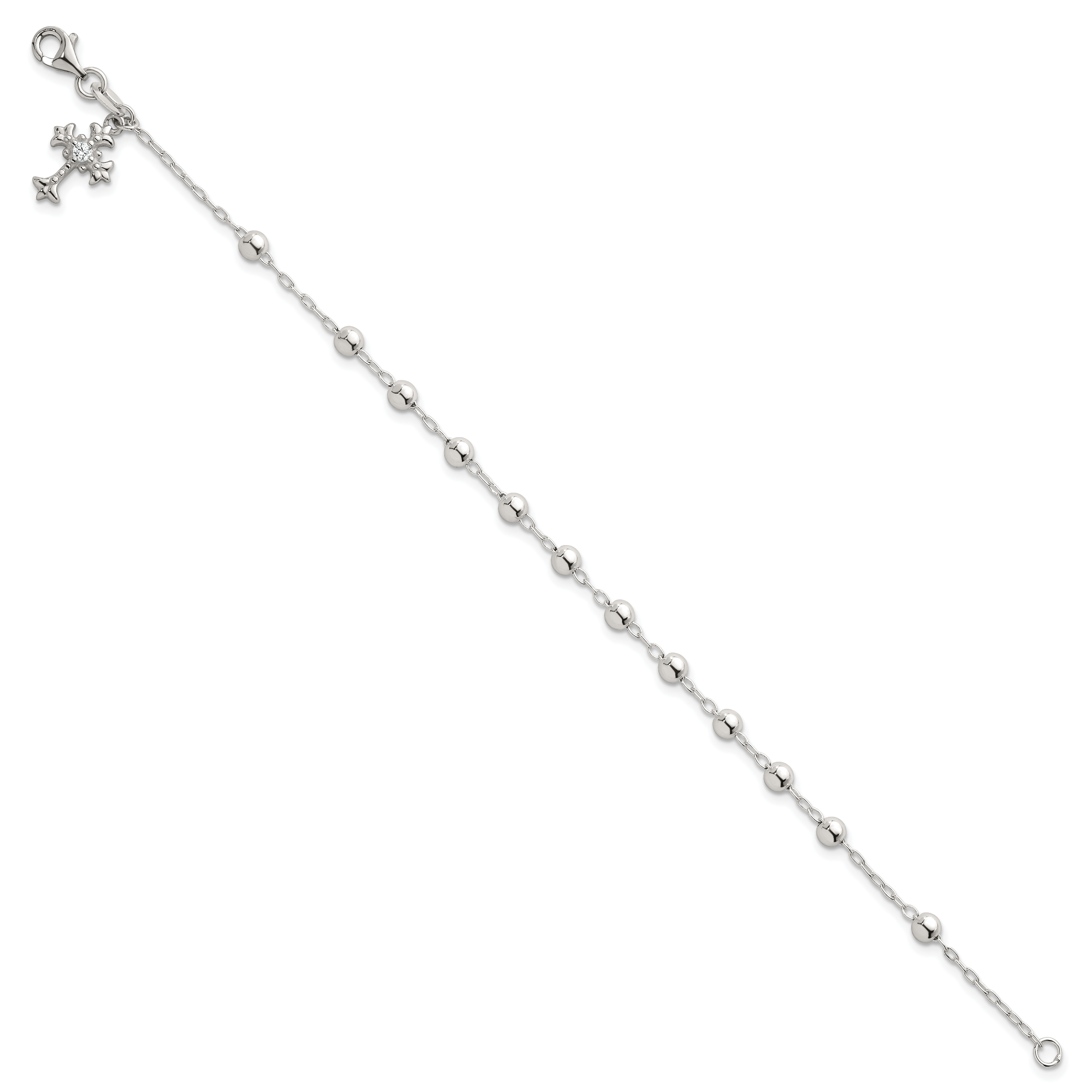Sterling Silver Polished Beaded with White CZ Fleur de Lis Cross Charm 7.5 inch Bracelet Secondary image