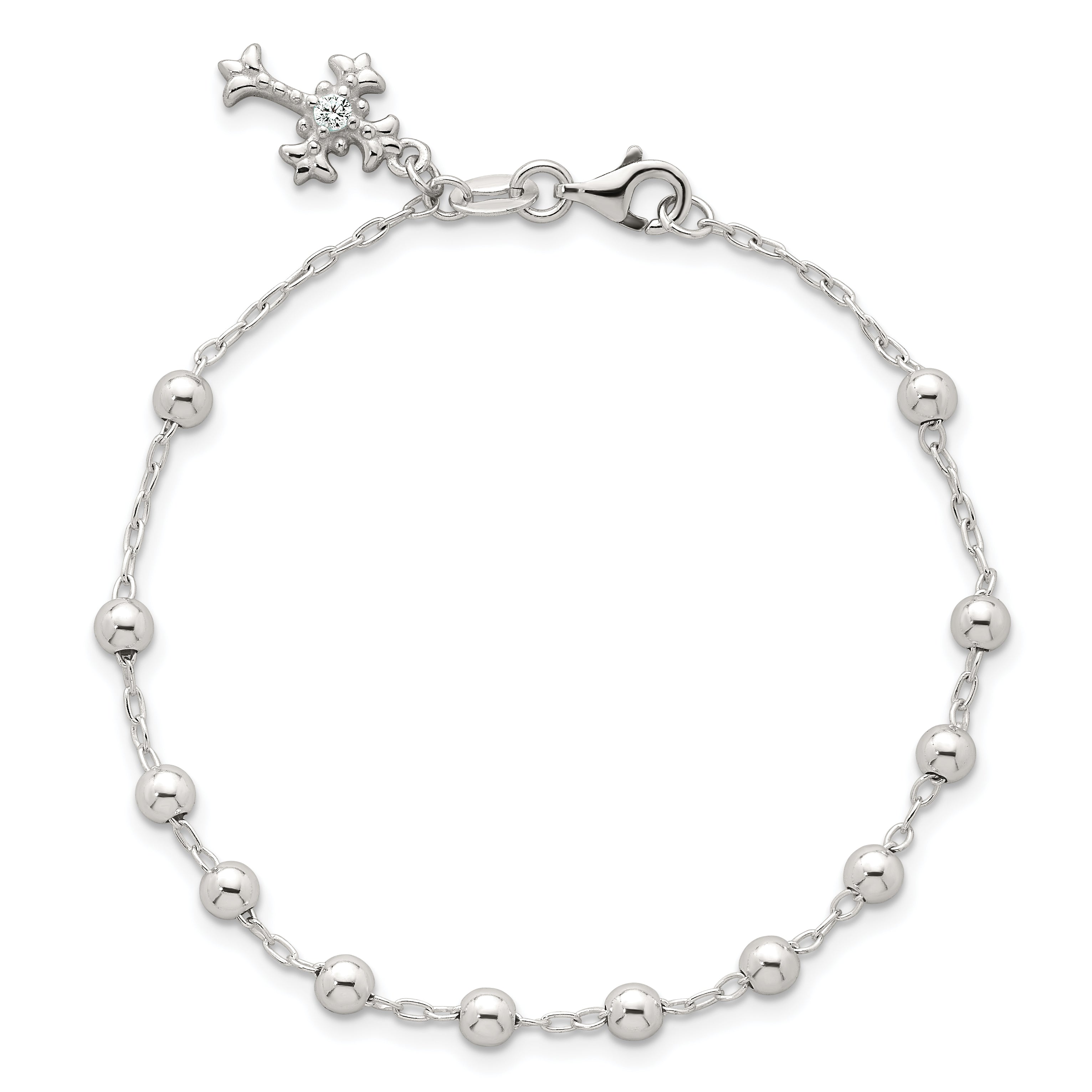 Sterling Silver Polished Beaded with White CZ Fleur de Lis Cross Charm 7.5 inch Bracelet