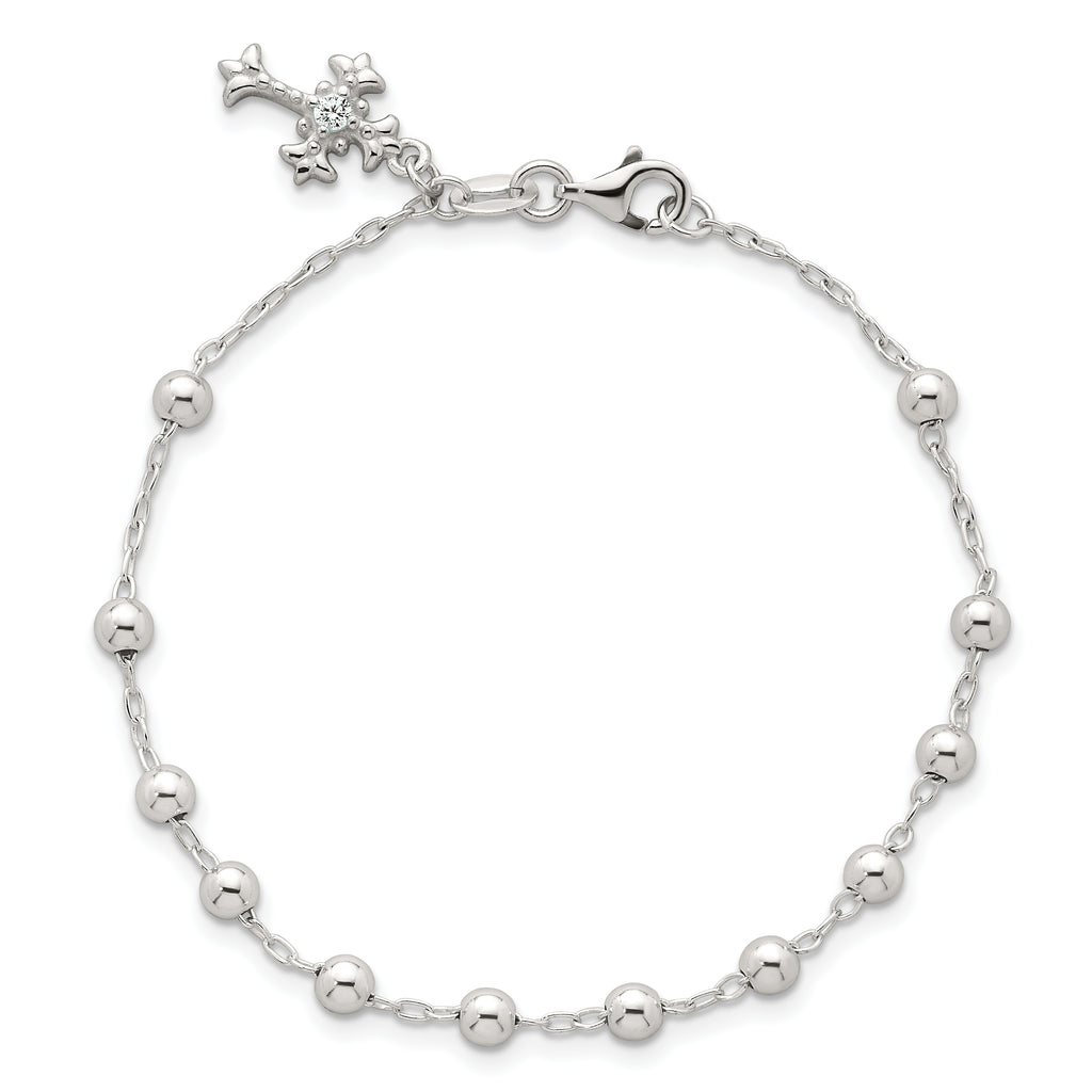 Sterling Silver Polished Beaded with White CZ Fleur de Lis Cross Charm 7.5 inch Bracelet