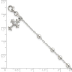 Sterling Silver Polished Beaded with White CZ Fleur de Lis Cross Charm 7.5 inch Bracelet