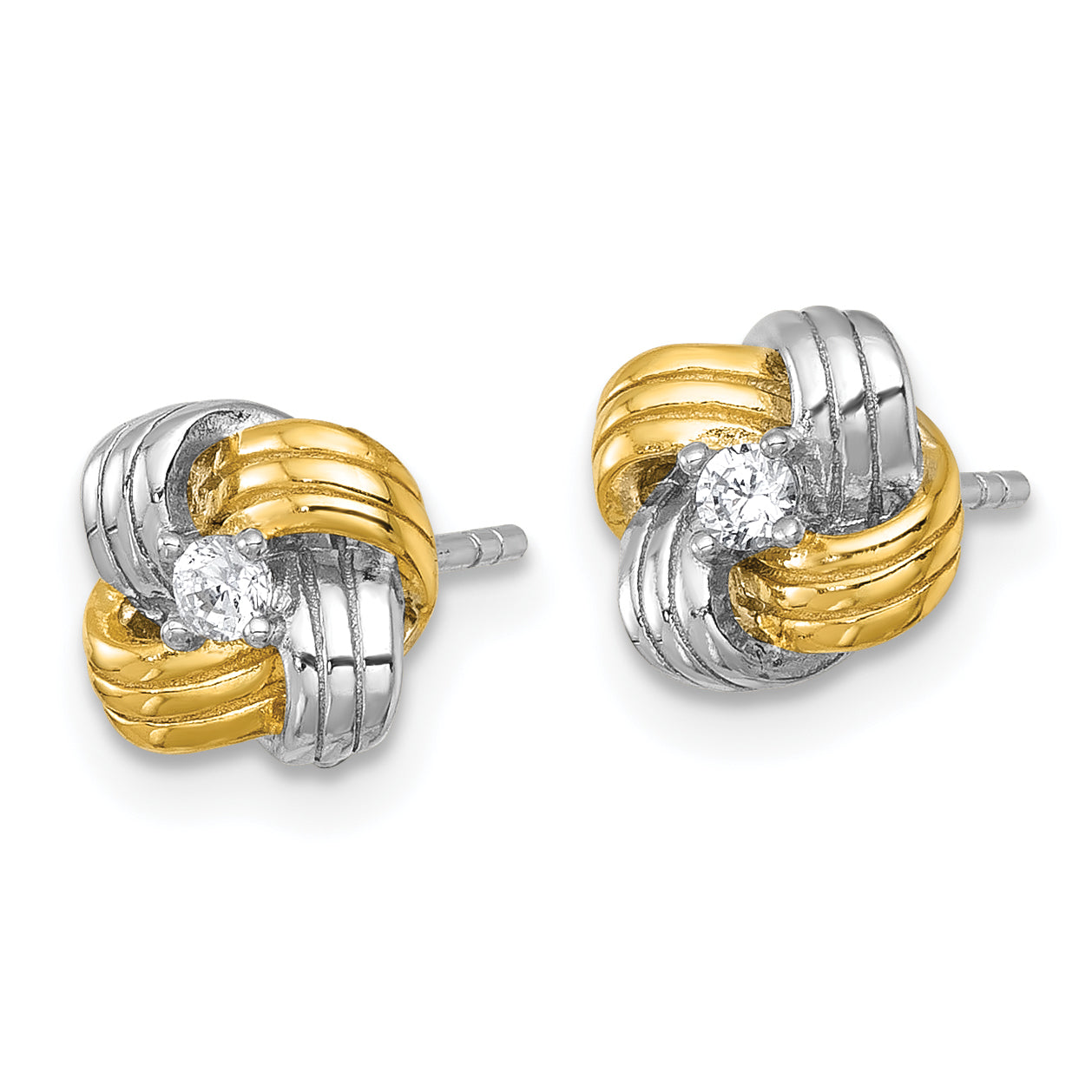 Sterling Silver Gold-tone and Rhodium-plated Polished CZ Knot Post Earrings Secondary image