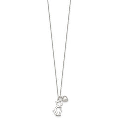 Sterling Silver Polished Cat Silhouette and Puffed Heart Charm 16 inch Necklace