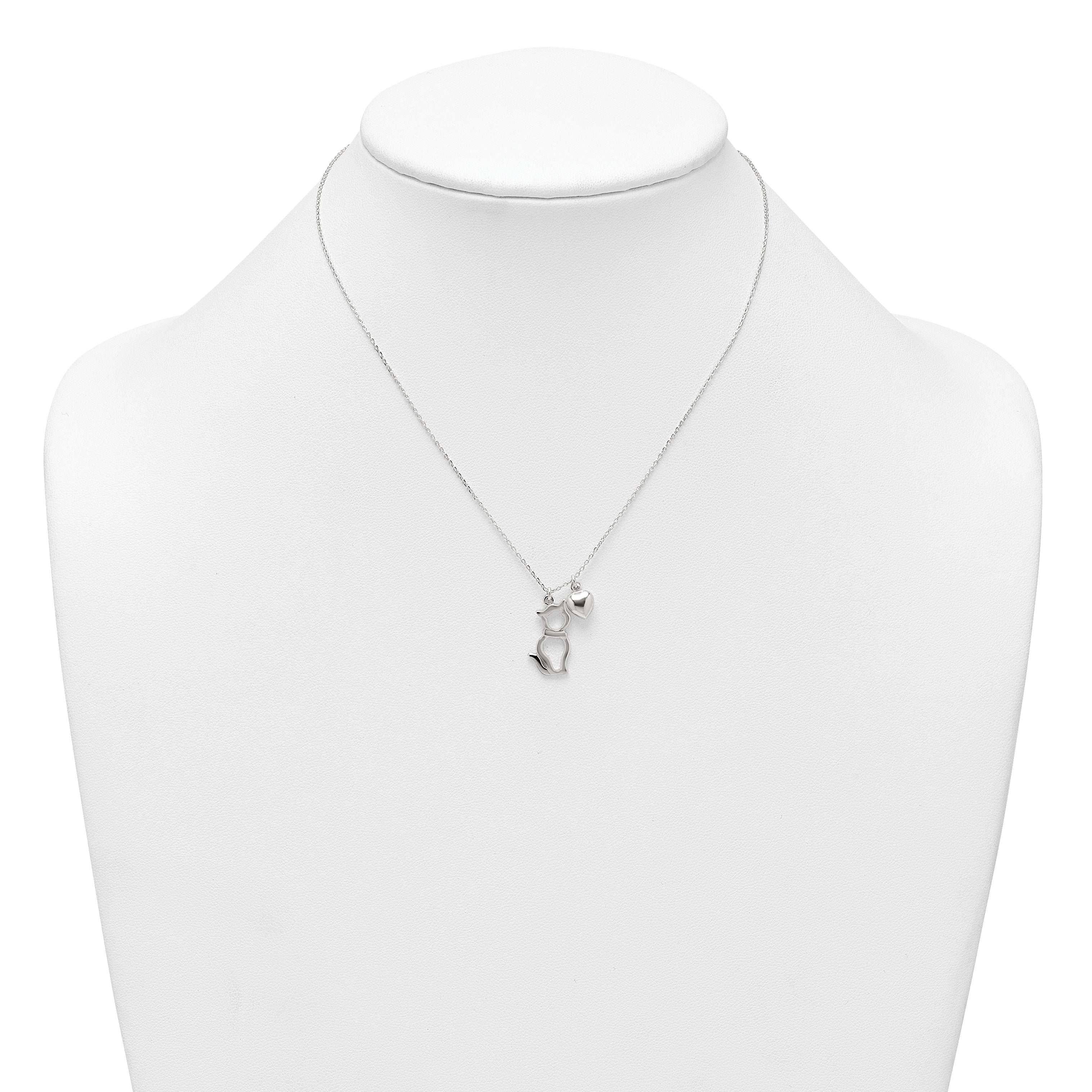 Sterling Silver Polished Cat Silhouette and Puffed Heart Charm 16 inch Necklace
