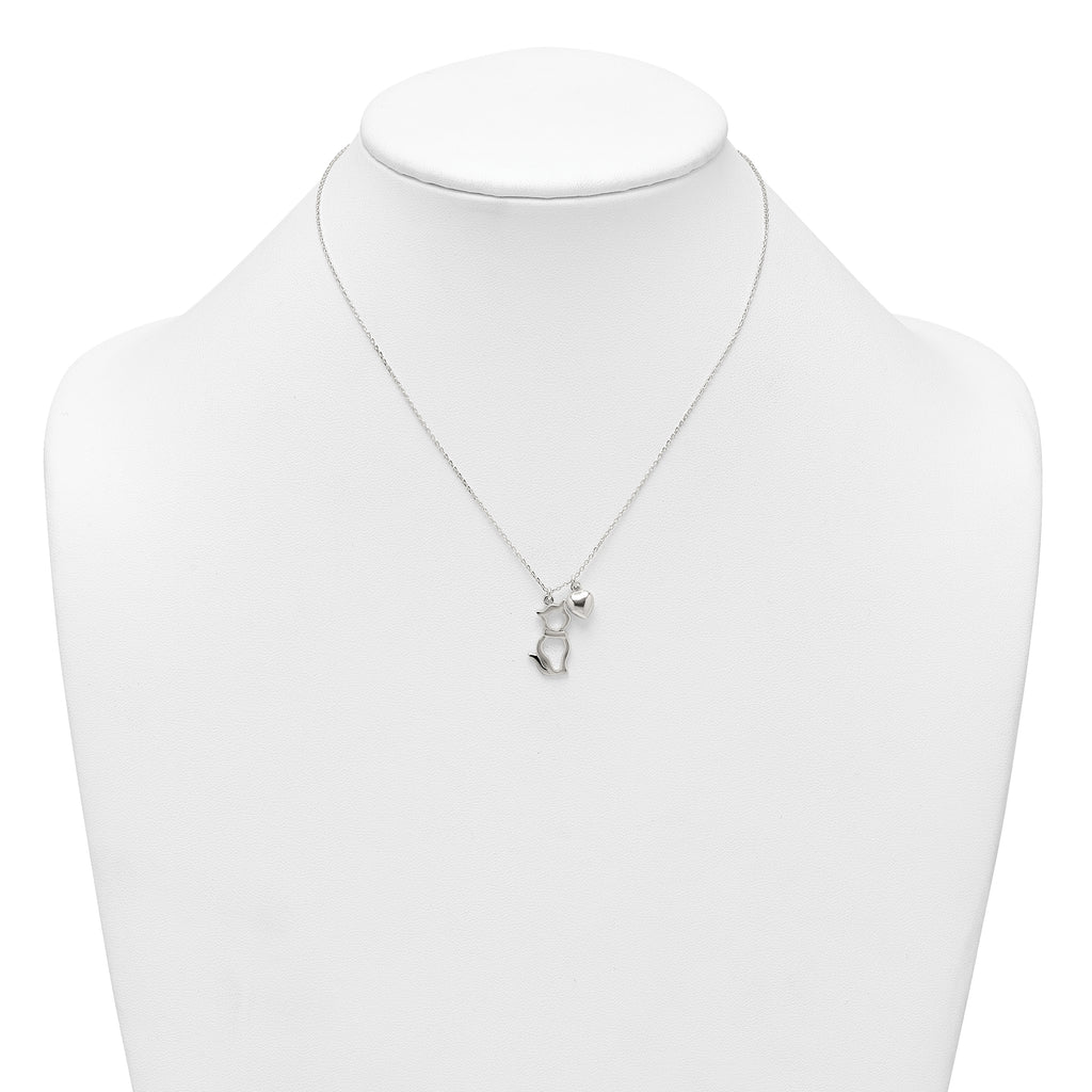 Sterling Silver Polished Cat Silhouette and Puffed Heart Charm 16 inch Necklace