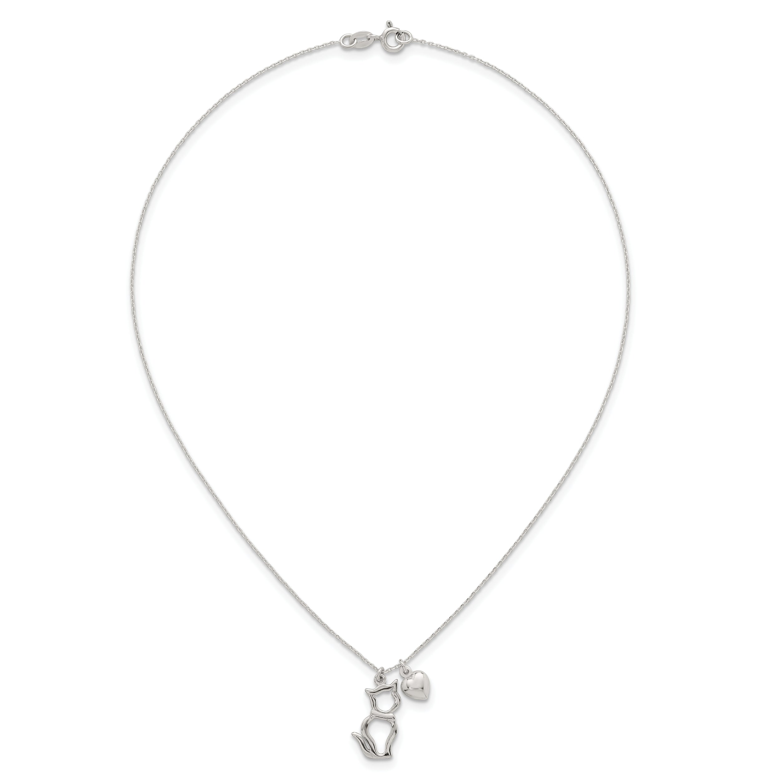 Sterling Silver Polished Cat Silhouette and Puffed Heart Charm 16 inch Necklace