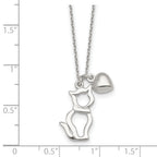 Sterling Silver Polished Cat Silhouette and Puffed Heart Charm 16 inch Necklace