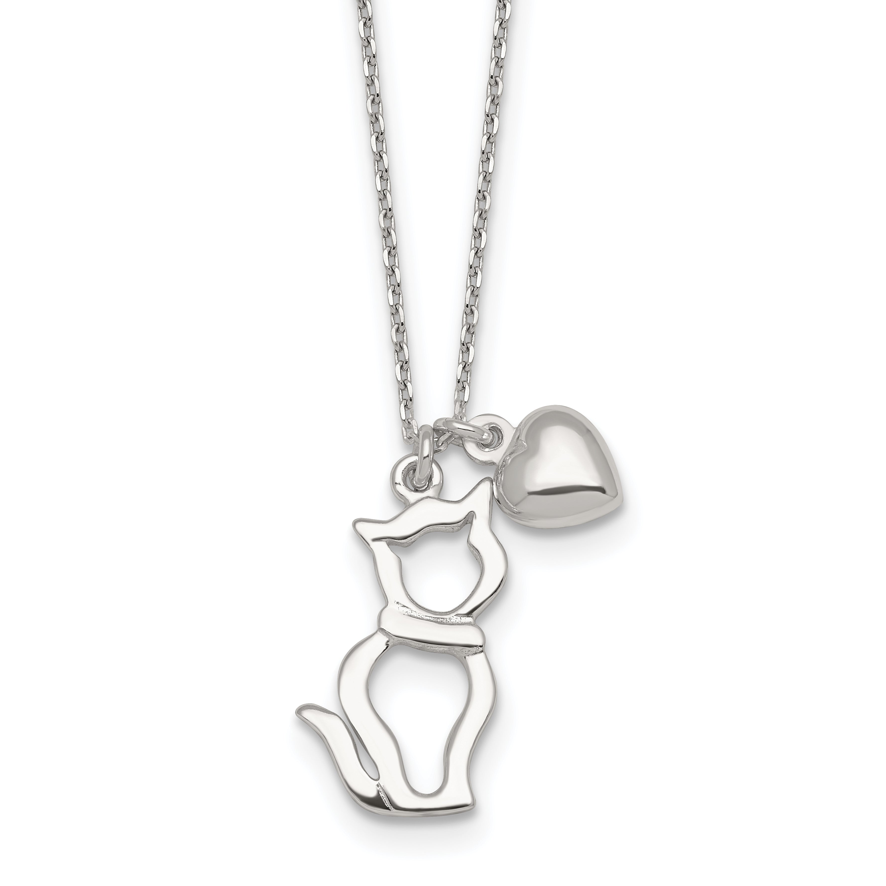 Sterling Silver Polished Cat Silhouette and Puffed Heart Charm 16 inch Necklace Main image