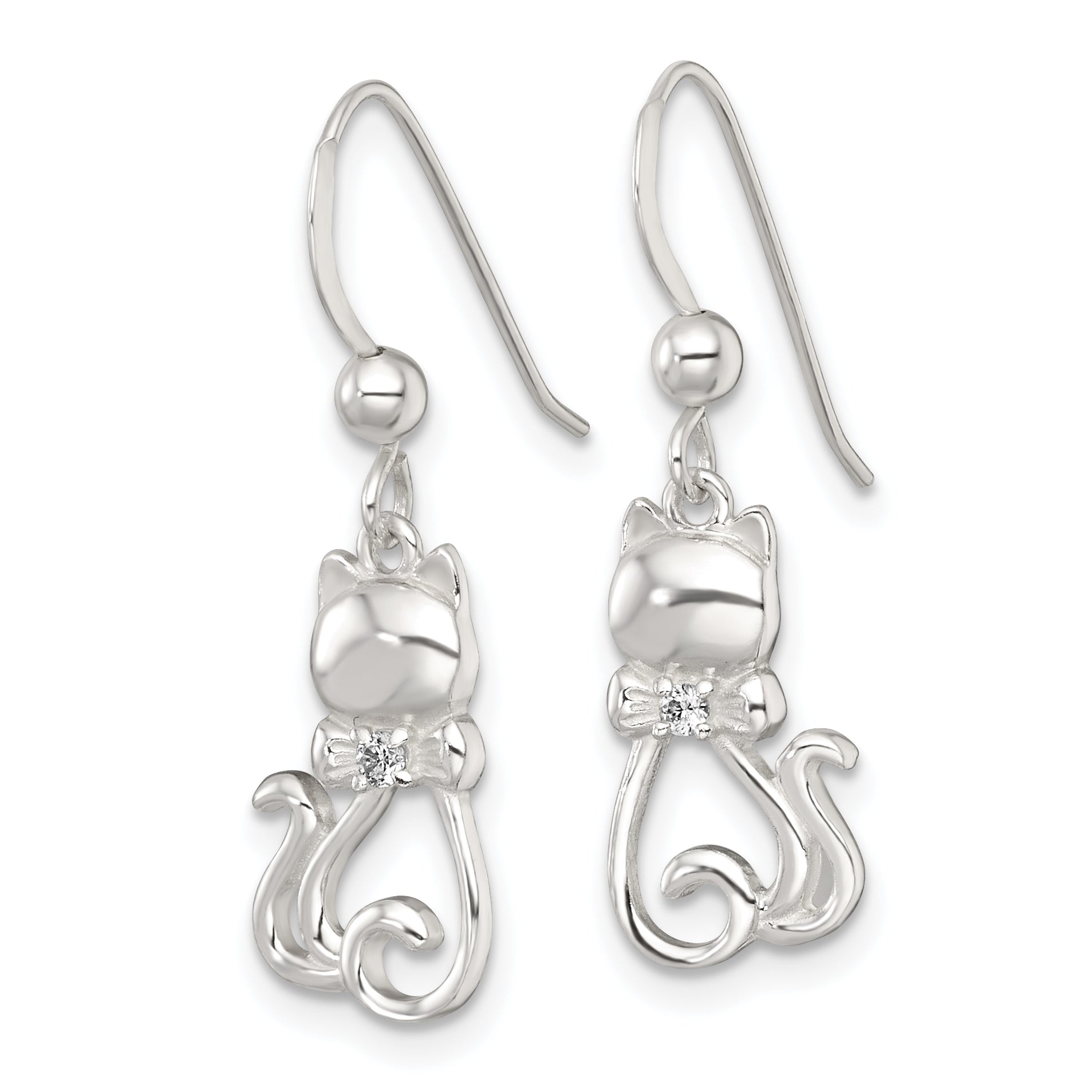 Sterling Silver Polished White CZ Cat Silhouette With Bowtie Dangle Shepherd Hook Earrings