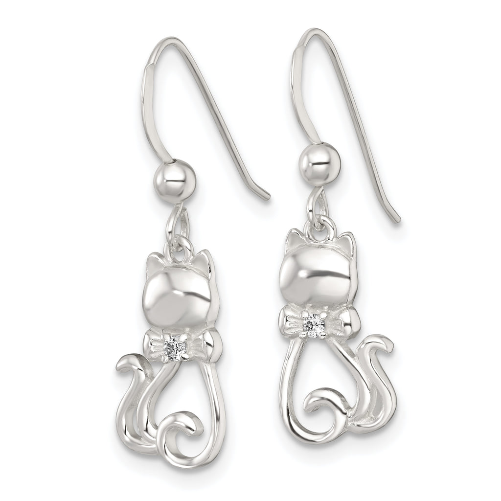 Sterling Silver Polished White CZ Cat Silhouette With Bowtie Dangle Shepherd Hook Earrings
