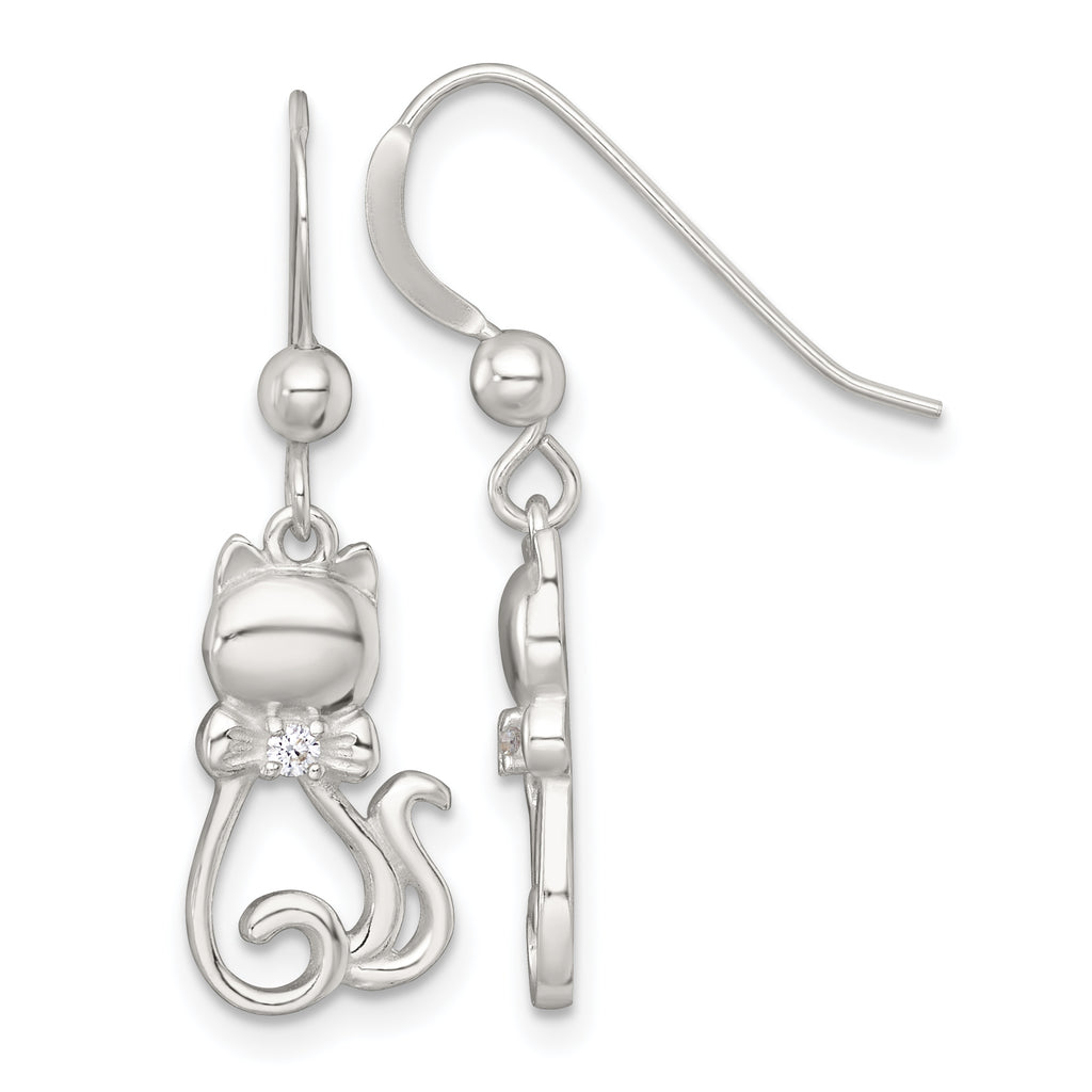 Sterling Silver Polished White CZ Cat Silhouette With Bowtie Dangle Shepherd Hook Earrings
