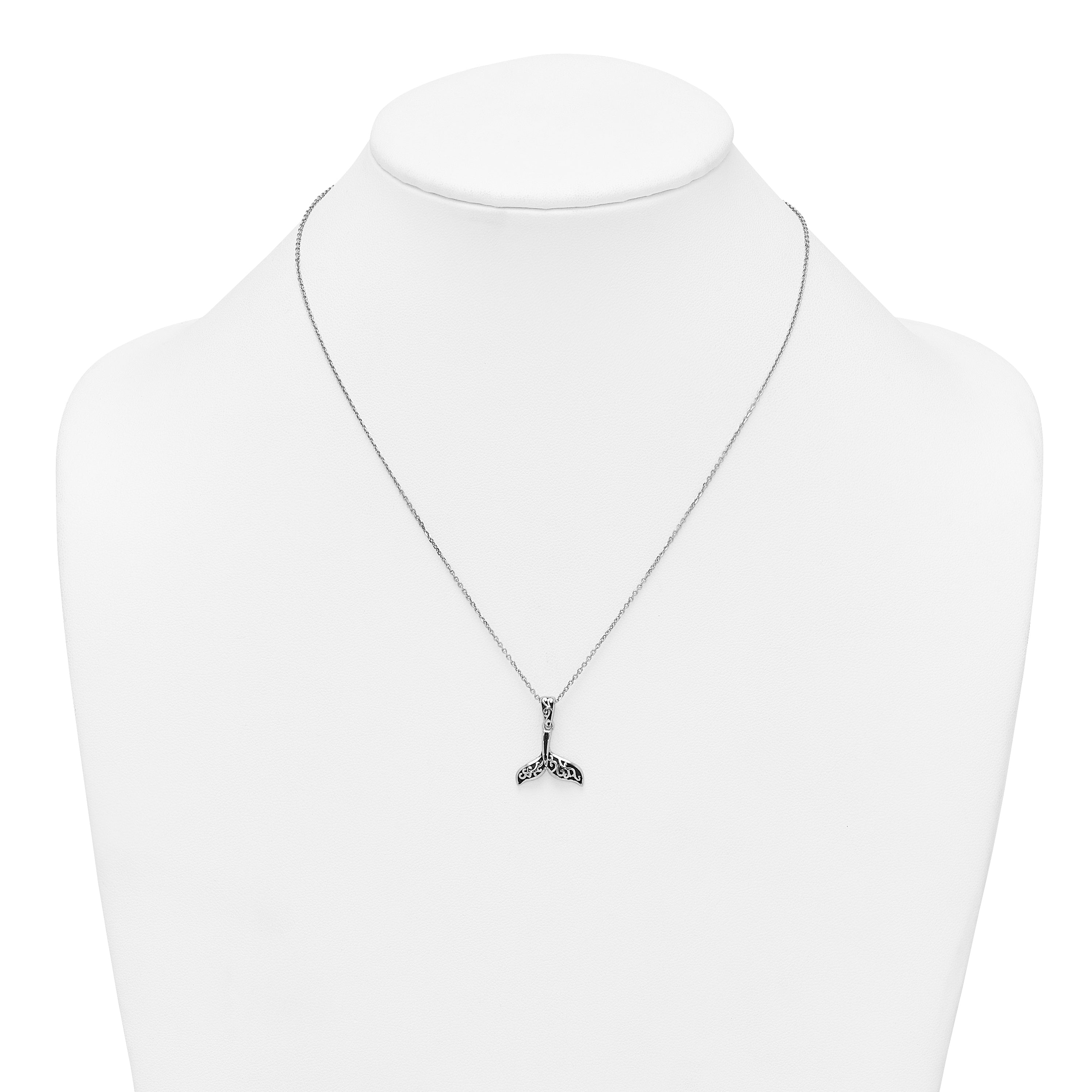 Sterling Silver Rhodium-plated Polished and Oxidized Filigree Whale Tail 18 Inch Necklace