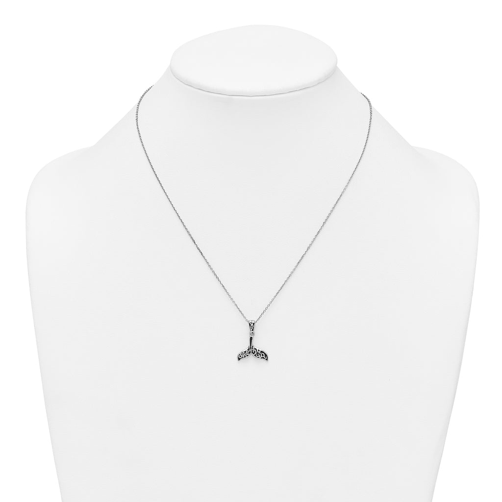 Sterling Silver Rhodium-plated Polished and Oxidized Filigree Whale Tail 18 Inch Necklace