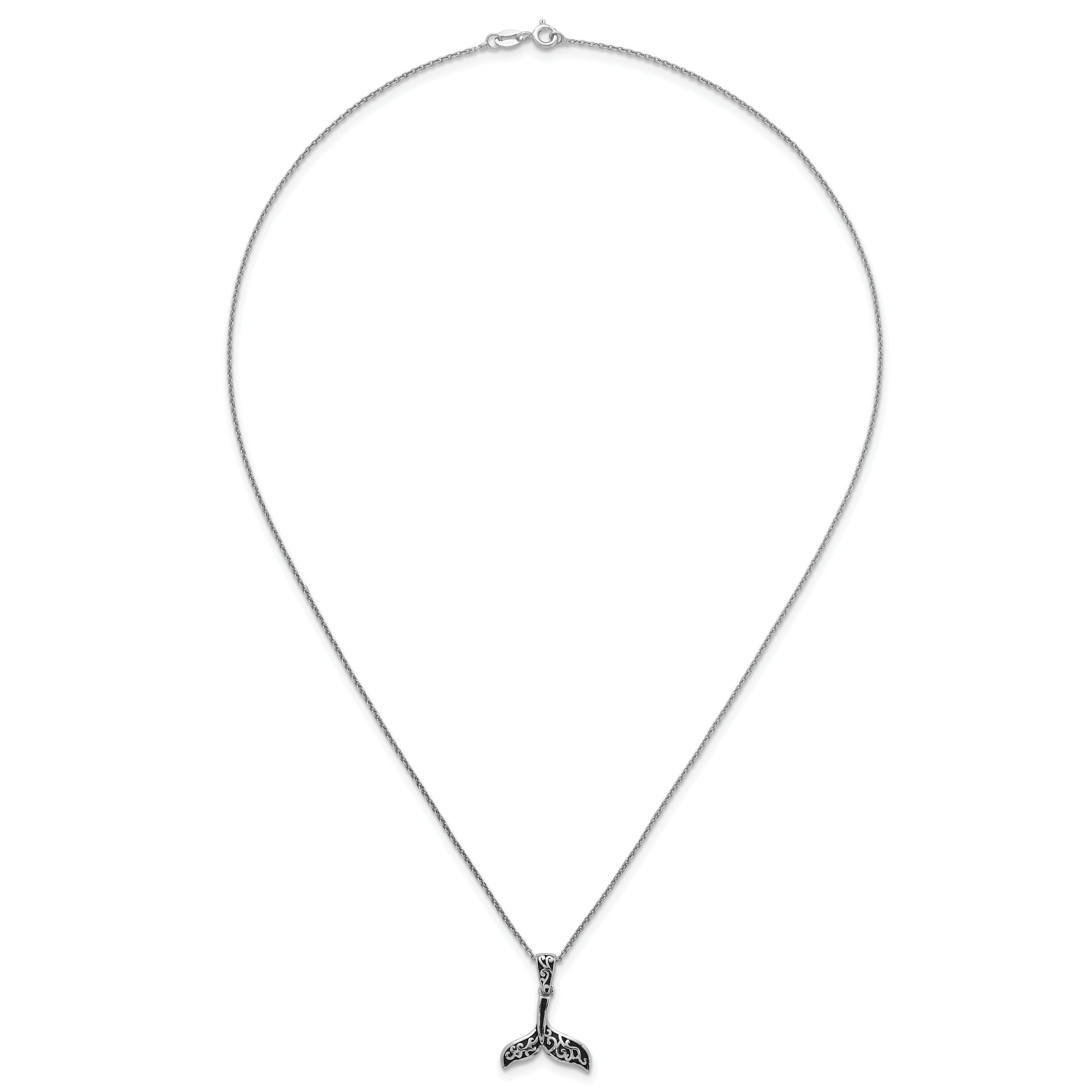 Sterling Silver Rhodium-plated Polished and Oxidized Filigree Whale Tail 18 Inch Necklace