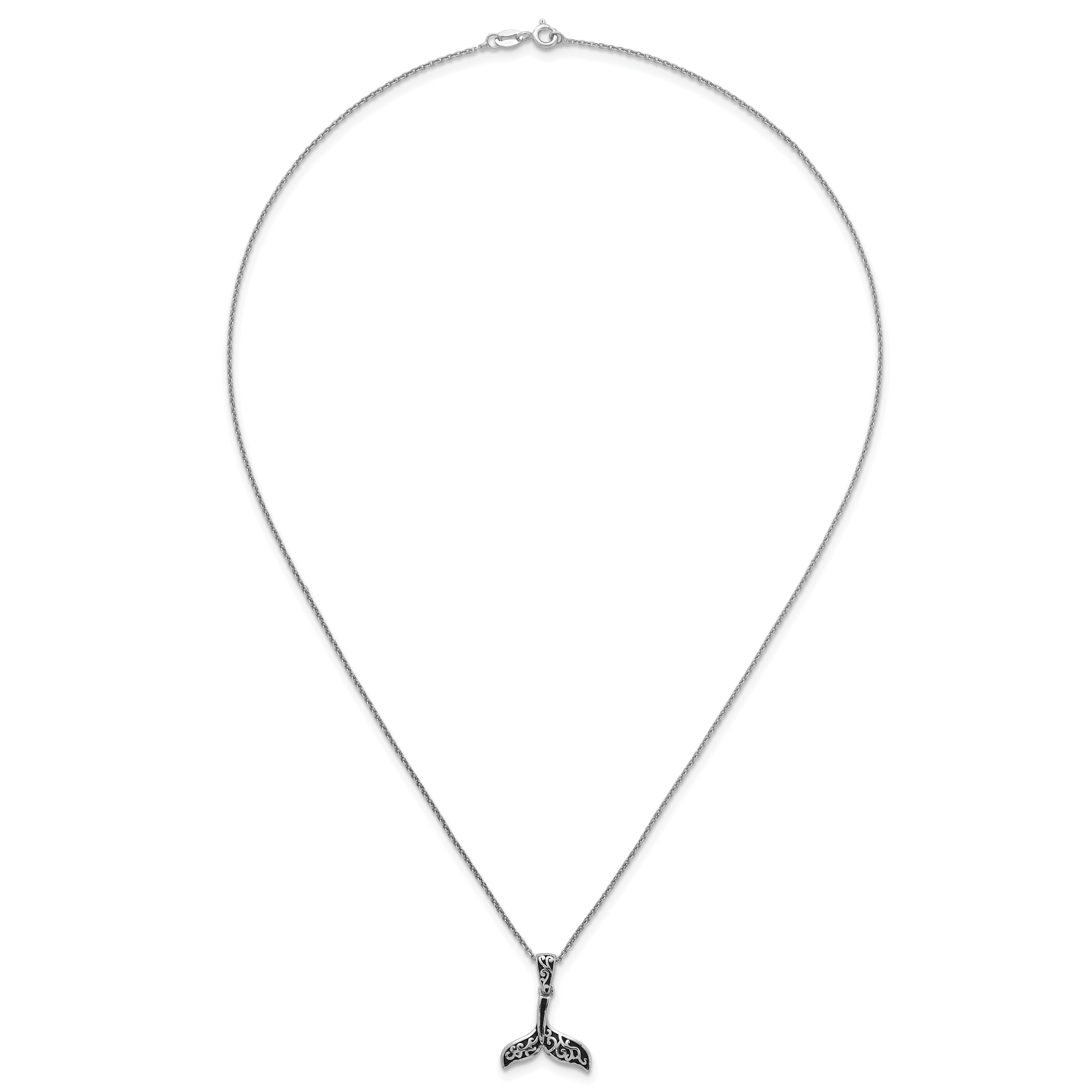Sterling Silver Rhodium-plated Polished and Oxidized Filigree Whale Tail 18 Inch Necklace