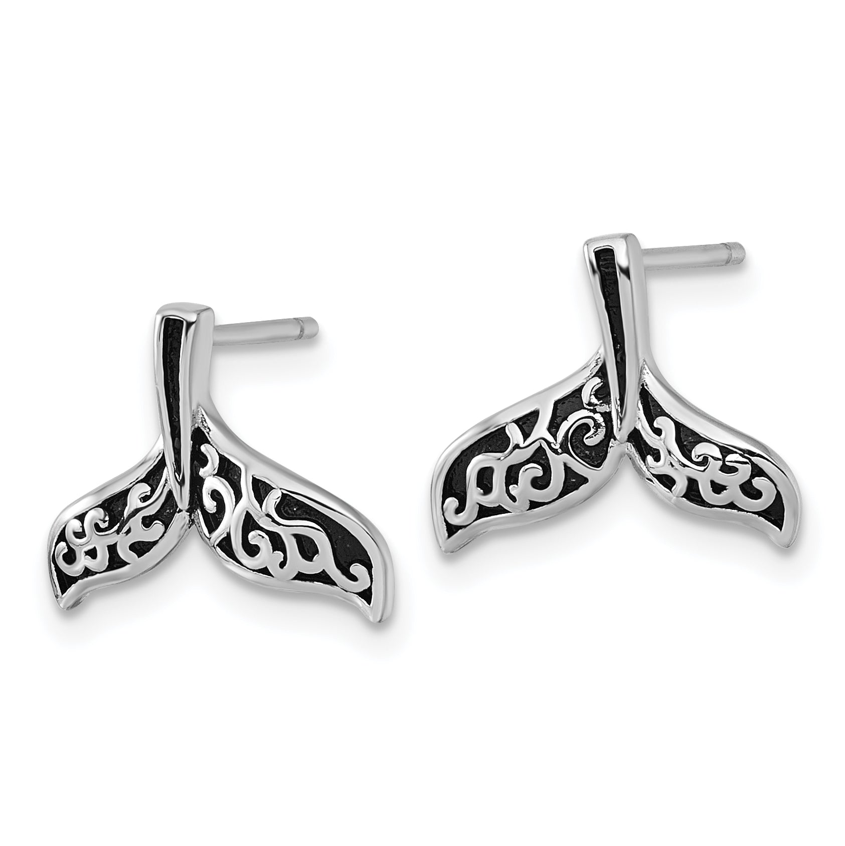 Sterling Silver Rhodium-plated Polished and Oxidized Filigree Whale Tail Post Earrings Secondary image