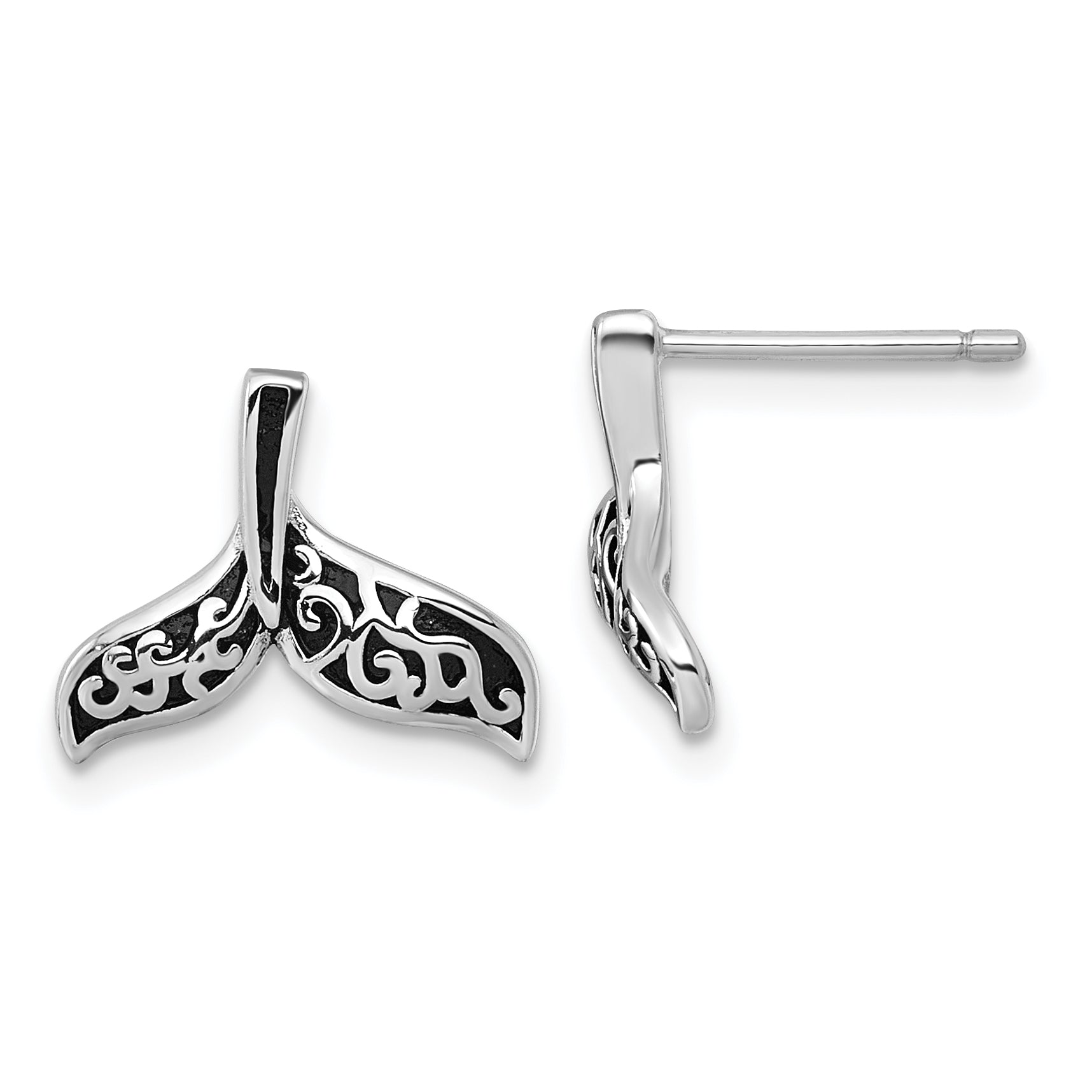 Sterling Silver Rhodium-plated Polished and Oxidized Filigree Whale Tail Post Earrings Main image