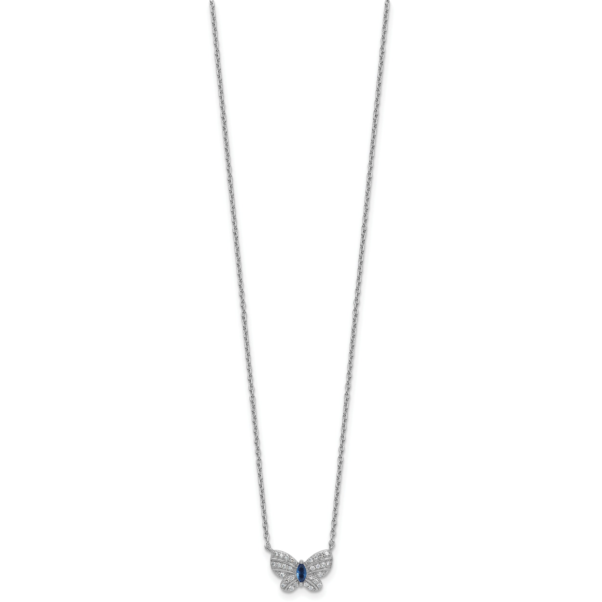 Sterling Silver Rhodium-plated Polished Blue Glass and White CZ Butterfly 16 Inch with 2 Inch Extension Necklace