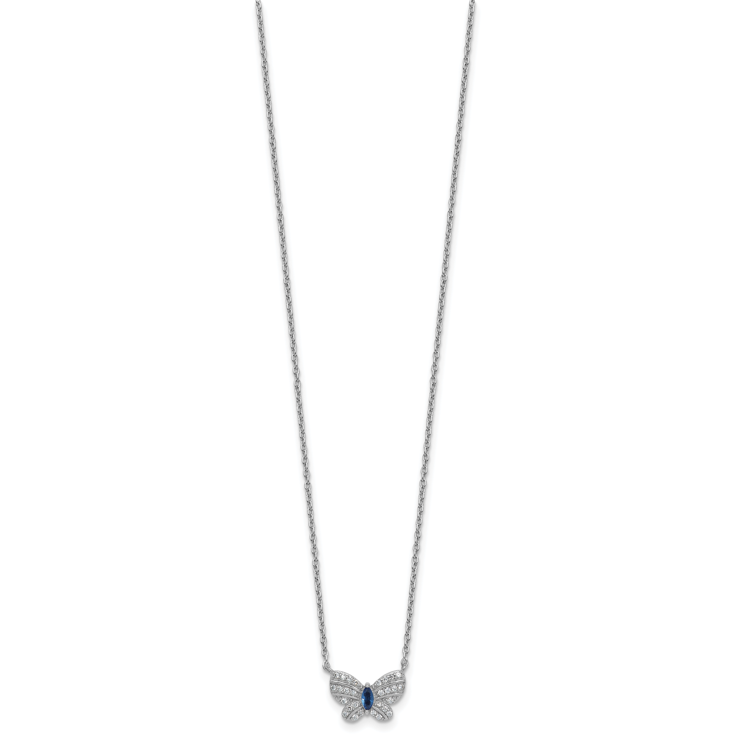 Sterling Silver Rhodium-plated Polished Blue Glass and White CZ Butterfly 16 Inch with 2 Inch Extension Necklace