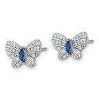Sterling Silver Rhodium-plated Polished Blue Glass and White CZ Butterfly Post Earrings