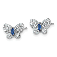 Sterling Silver Rhodium-plated Polished Blue Glass and White CZ Butterfly Post Earrings