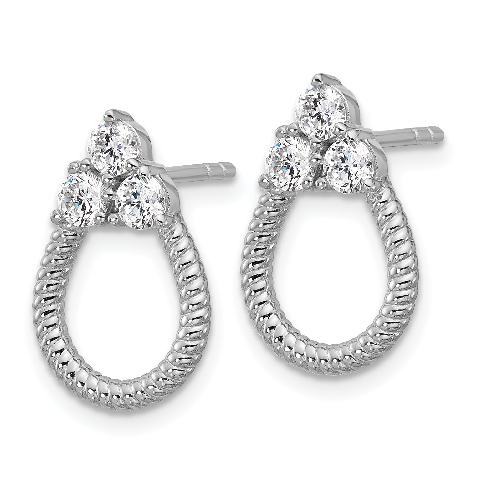 Sterling Silver Rhodium-plated Three CZ Textured Loop Post Earrings