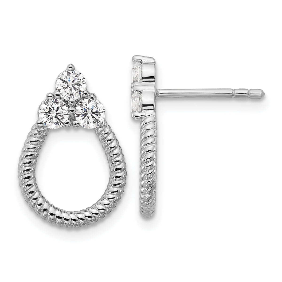 Sterling Silver Rhodium-plated Three CZ Textured Loop Post Earrings