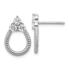 Sterling Silver Rhodium-plated Three CZ Textured Loop Post Earrings