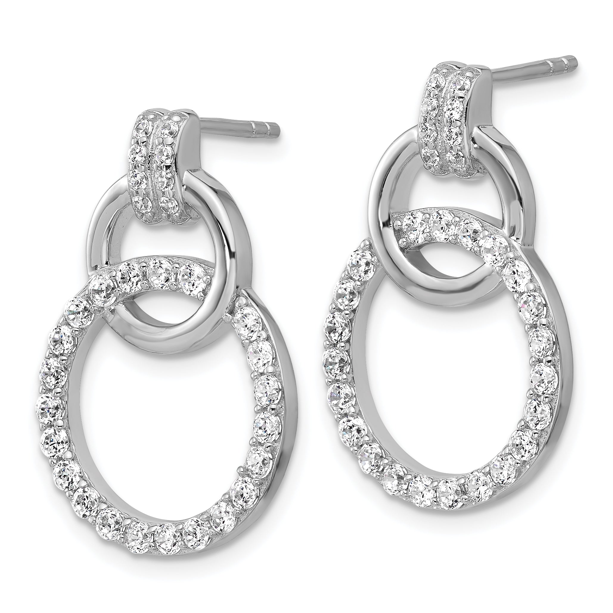 Sterling Silver Rhodium-plated Polished CZ Two Circle Dangle Post Earrings Secondary image