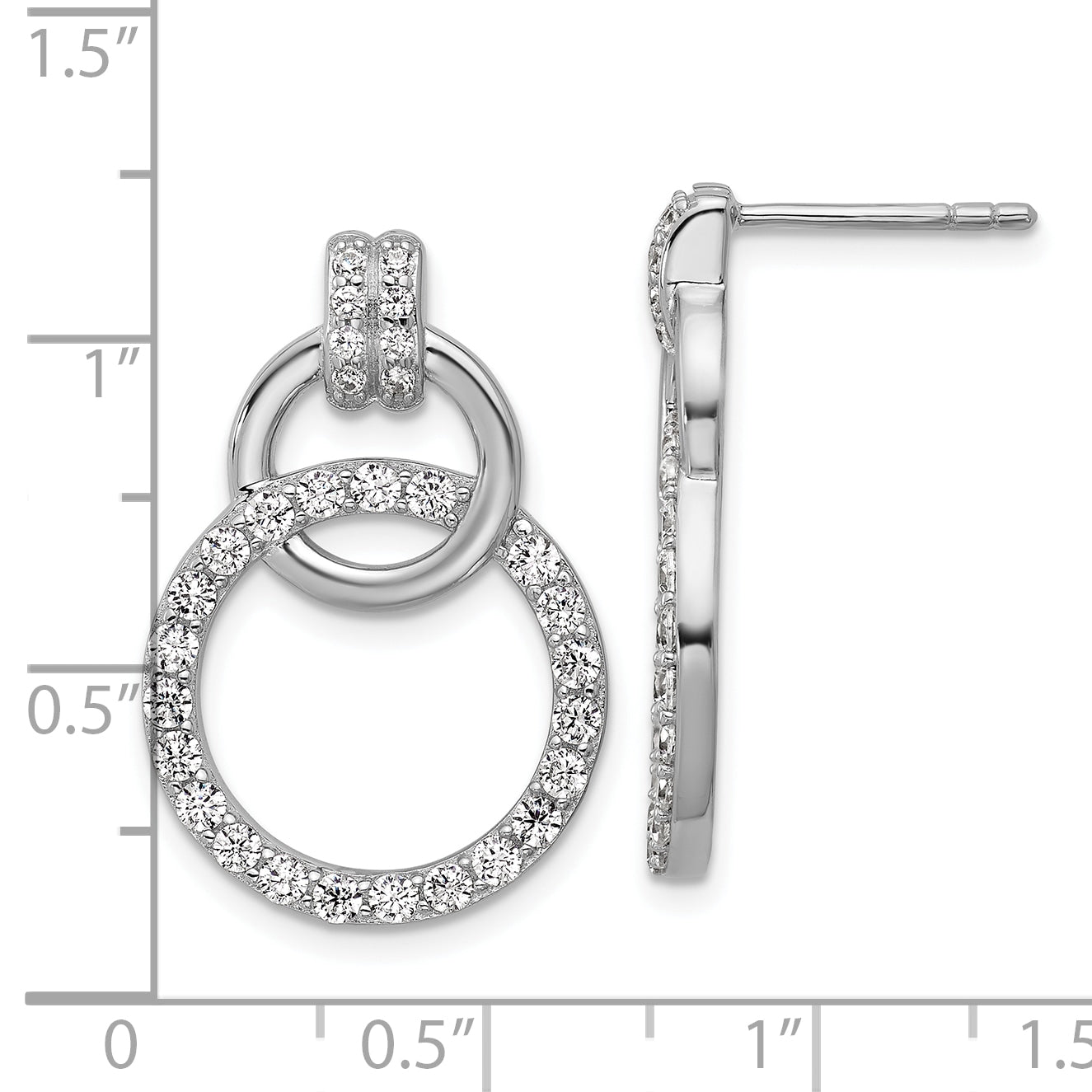 Sterling Silver Rhodium-plated Polished CZ Two Circle Dangle Post Earrings