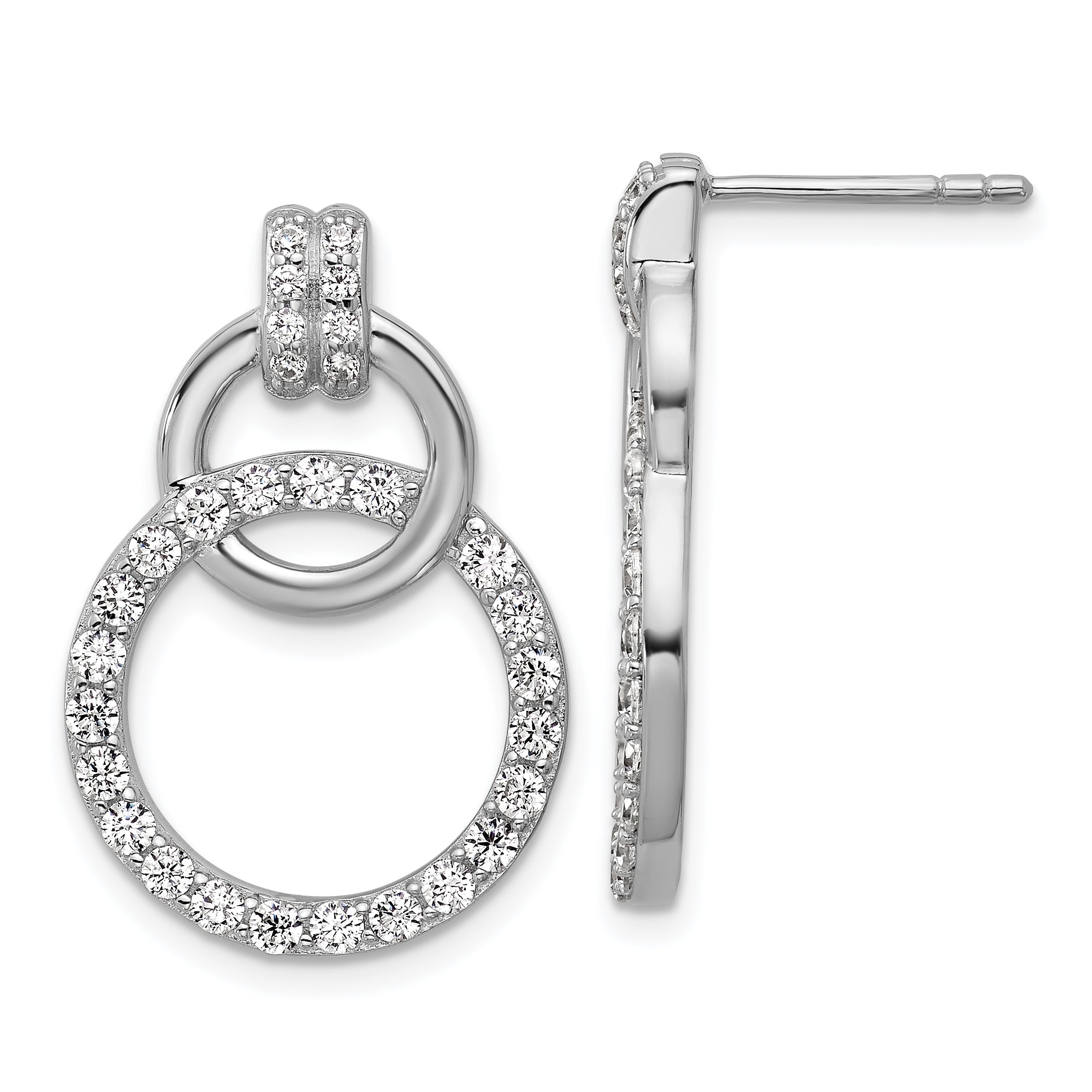 Sterling Silver Rhodium-plated Polished CZ Two Circle Dangle Post Earrings Main image