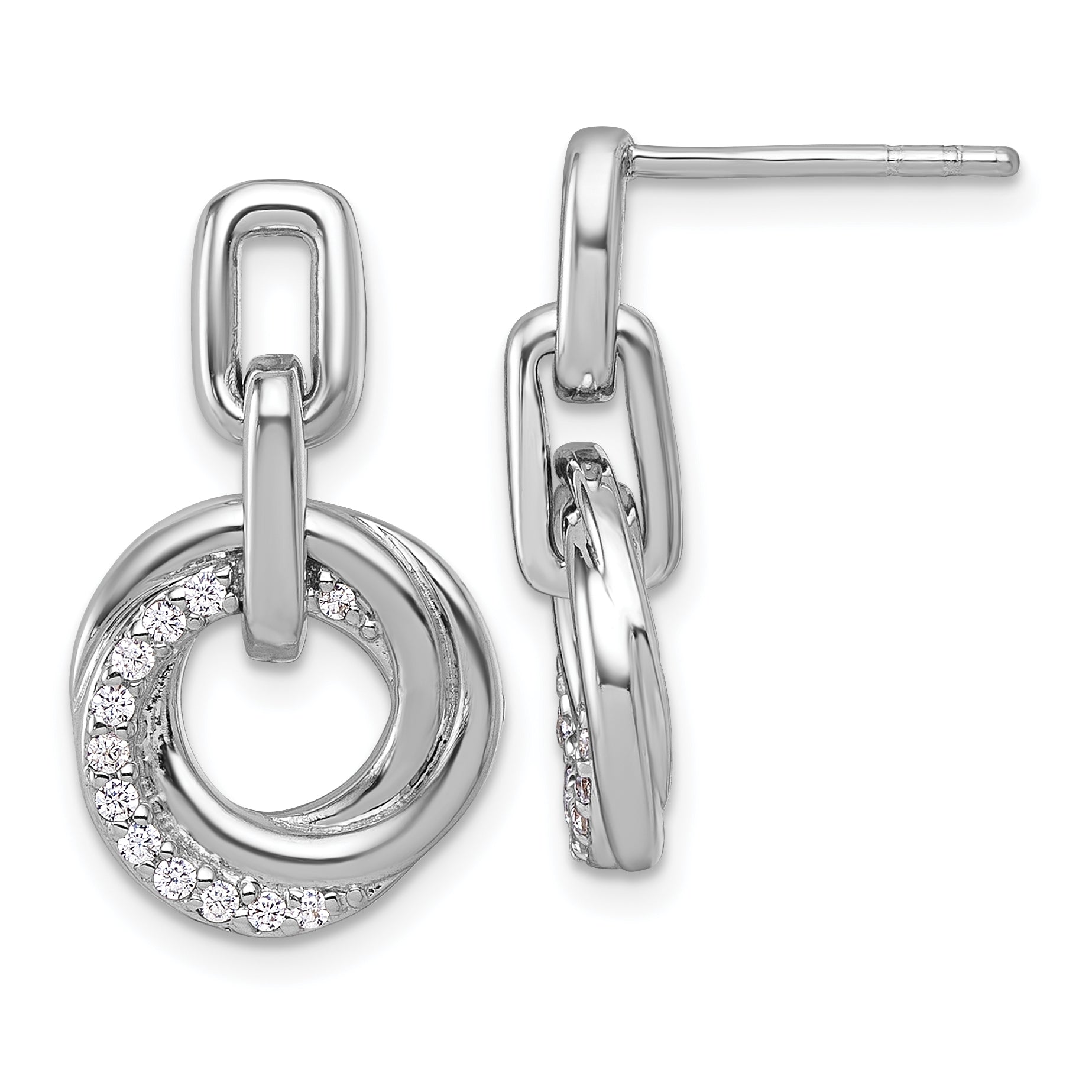 Sterling Silver Rhodium-plated Polished CZ Circle Twist Dangle Post Earrings Main image