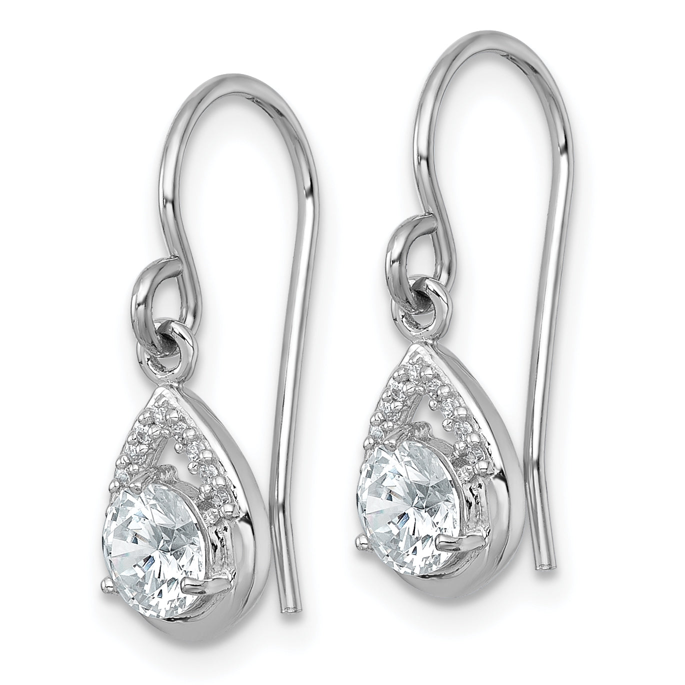 Sterling Silver Rhodium-plated Polished Round CZ Teardrop Dangle Shepherd Hook Earrings Secondary image