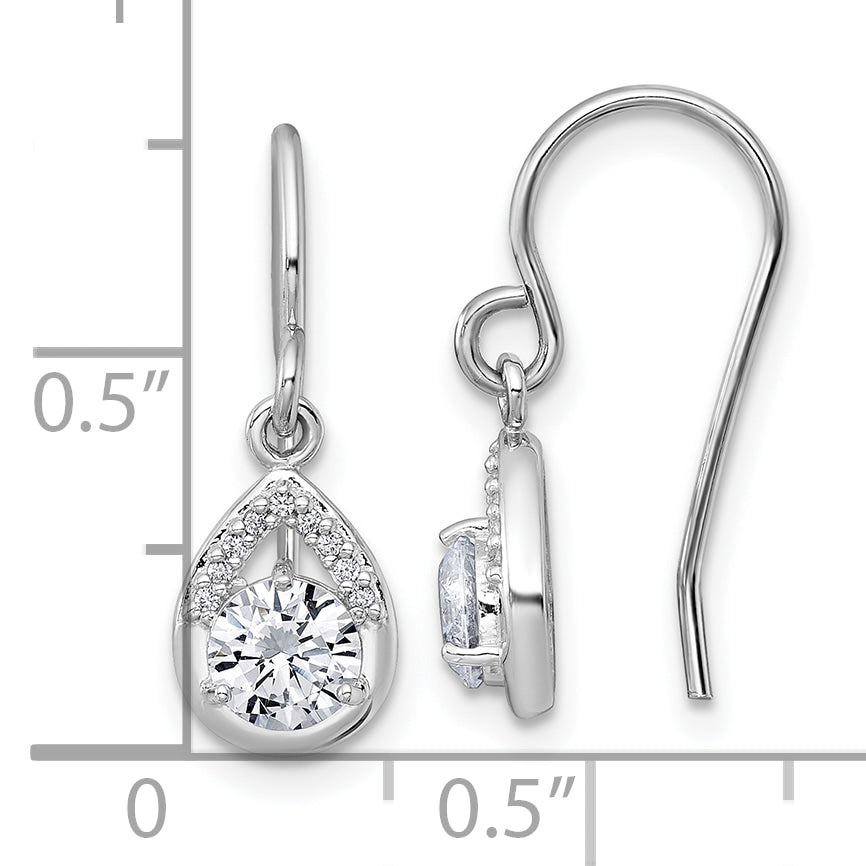 Sterling Silver Rhodium-plated Polished Round CZ Teardrop Dangle Shepherd Hook Earrings