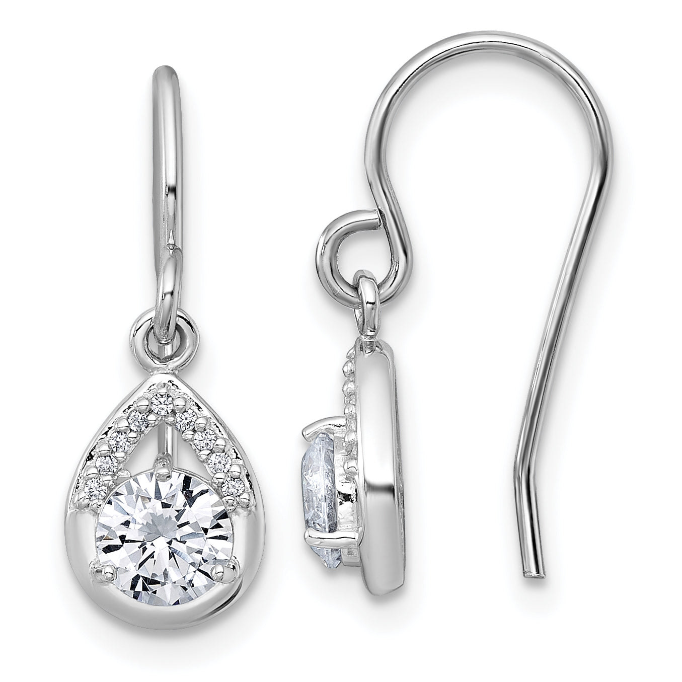 Sterling Silver Rhodium-plated Polished Round CZ Teardrop Dangle Shepherd Hook Earrings Main image