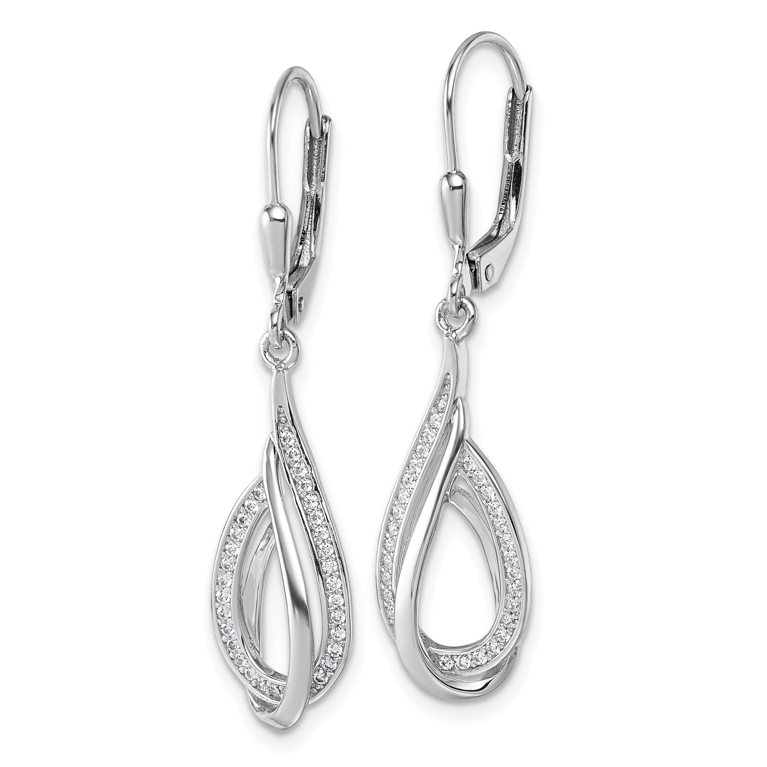 Sterling Silver Rhodium-plated CZ Polished Tear Drop Swirl Leverback Earrings