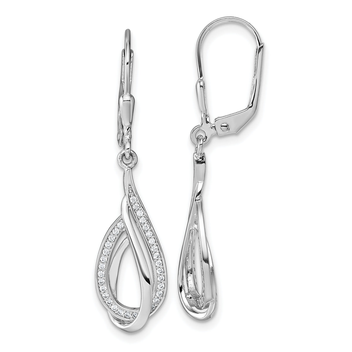 Sterling Silver Rhodium-plated CZ Polished Tear Drop Swirl Leverback Earrings