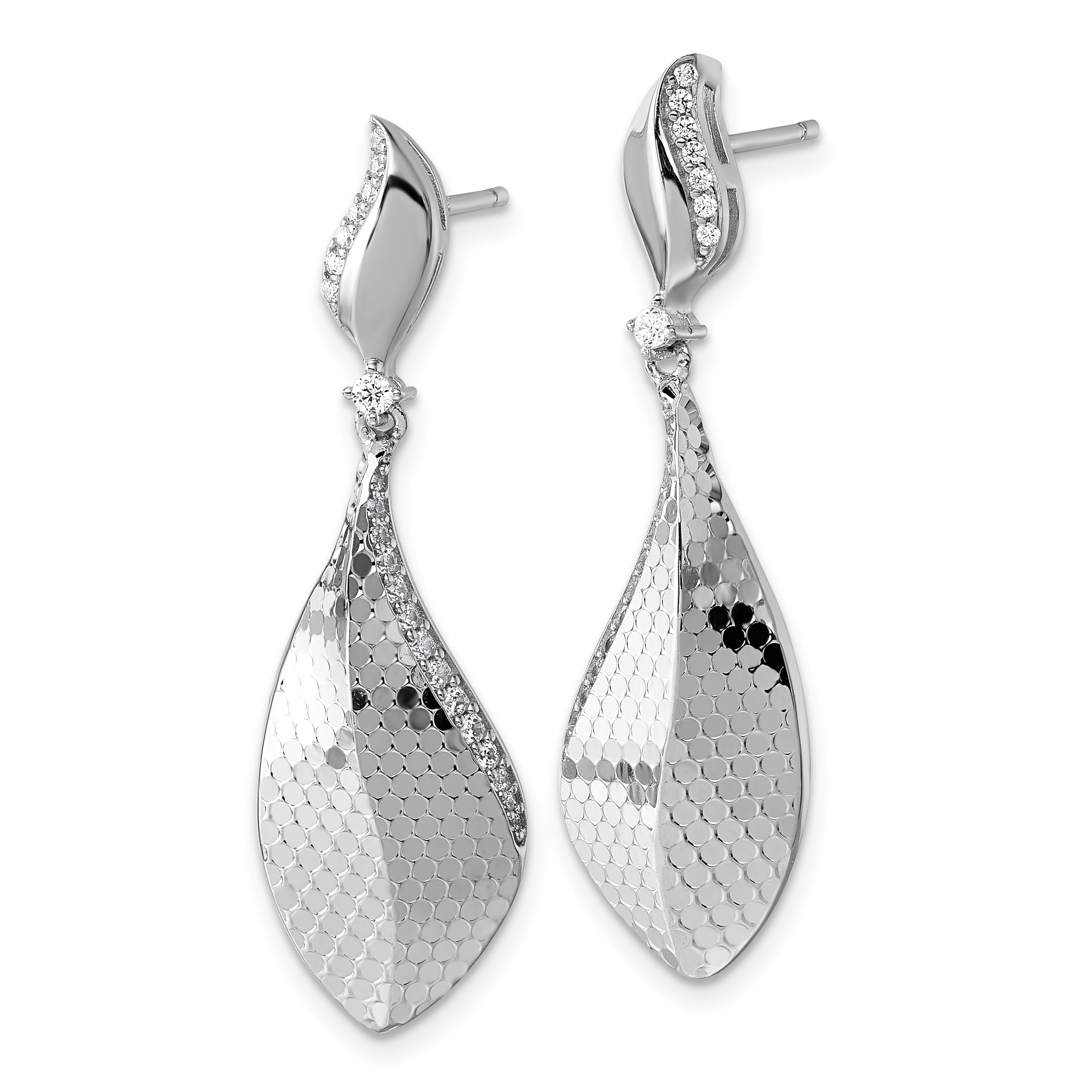 Sterling Silver Rhodium-plated CZ Polished Textured Abstract Tear Drop Dangle Post Earrings Secondary image