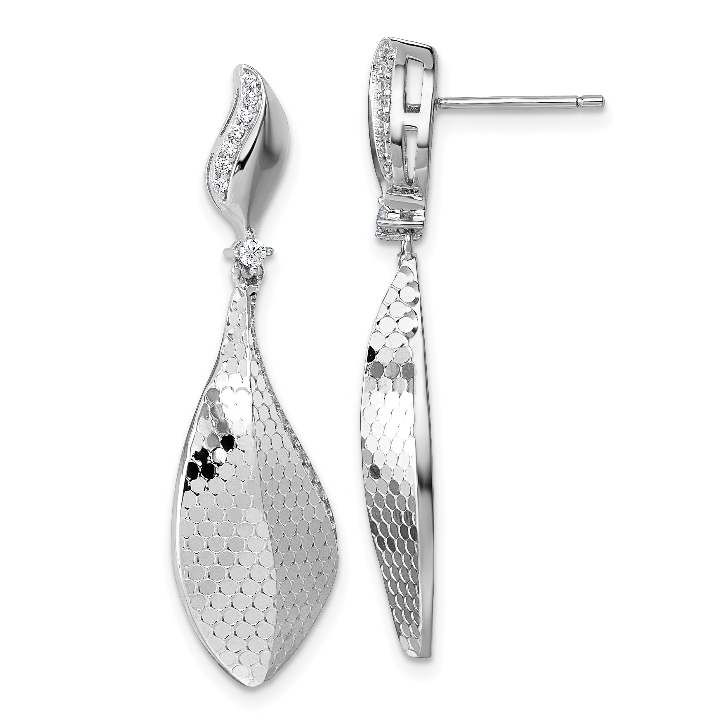 Sterling Silver Rhodium-plated CZ Polished Textured Abstract Tear Drop Dangle Post Earrings Main image