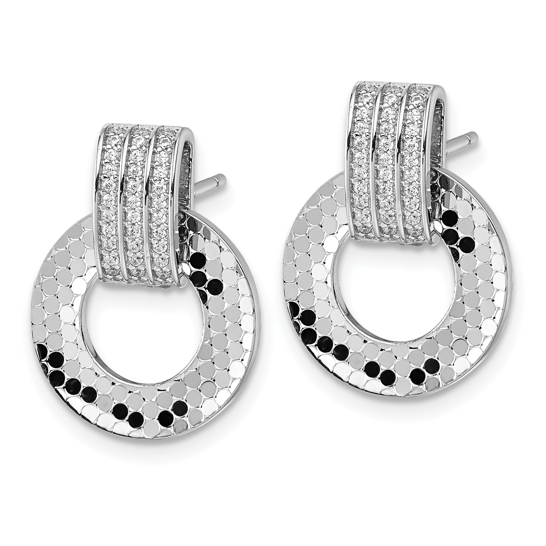 Sterling Silver Rhodium-plated CZ Polished Textured Moveable Circle Doorknocker Dangle Post Earrings Secondary image
